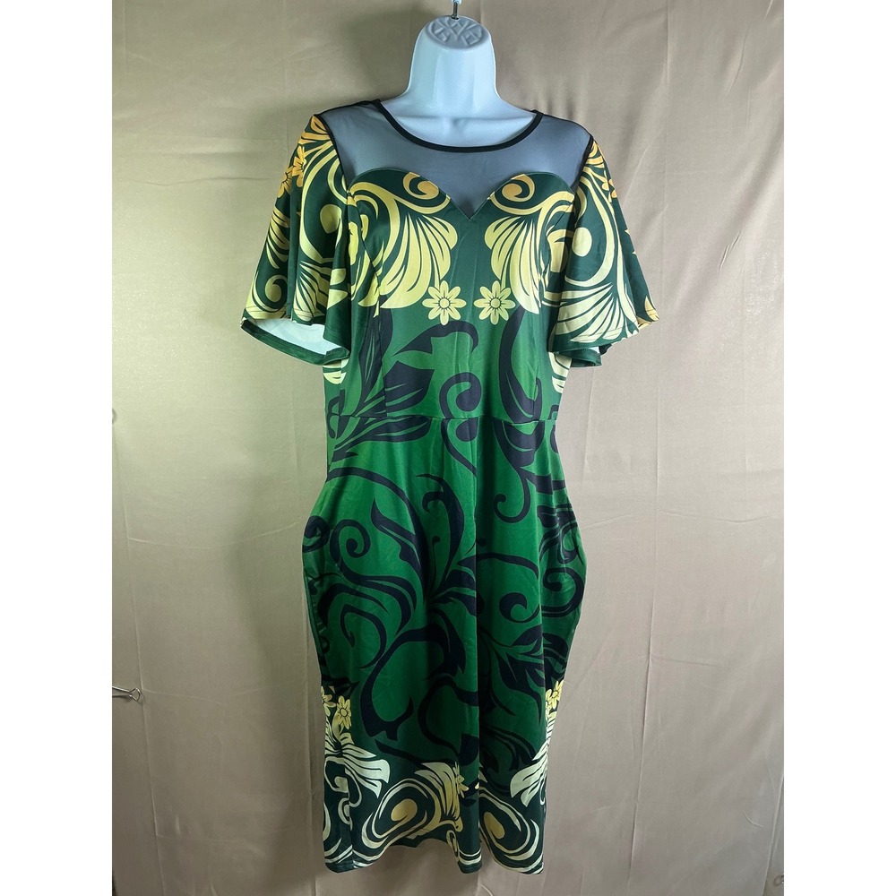 Green Baroque Floral‎ Mesh Yoke Sweetheart Flutter Sleeve Bodycon Knee Dress